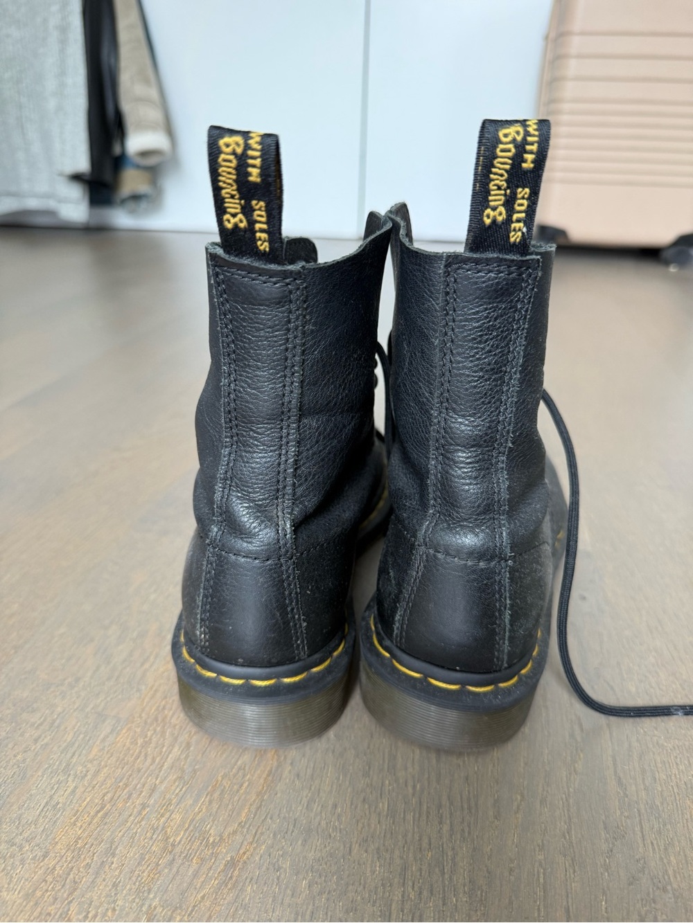Dr. Martens Black Leather 8-Eye Lace-Up Boots with Yellow Stitching - Picture 2 of 4